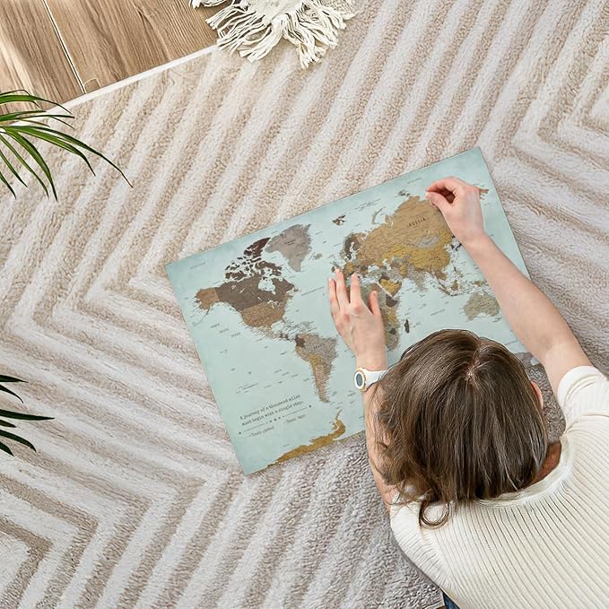 ElephantStock - A Thousand Miles World Push Pin Map Wall Art - Horizontal Canvas Wall Art - Living Room Wall Decor - Printmaking Map Canvas Art - Blue And Brown Decor - 24" x 16"