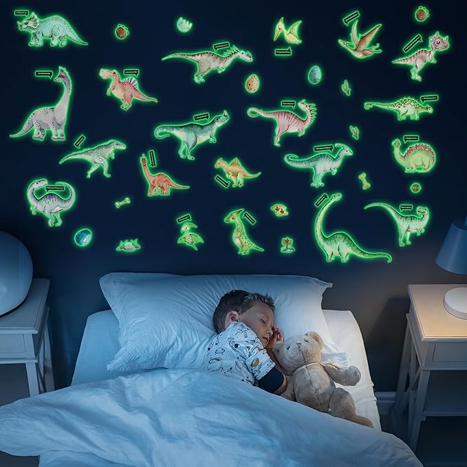 Glow in The Dark Dinosaur Wall Decals, Glowing Stickers for Ceiling, Boys Bedroom Decoration, Large Luminous Removable Dinosaur Wall Decor for Nursery, Kids Birthday Gift