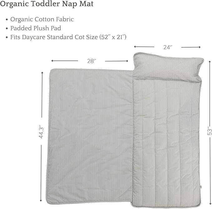Organic Toddler Nap Mat – 100% Cotton Kids Washable Sleeping Mat & Detachable Pillow – Sleeping Bag with Soft 1.5” Pad – Ideal Nap Mat for Daycare, Preschool, & Sleepovers
