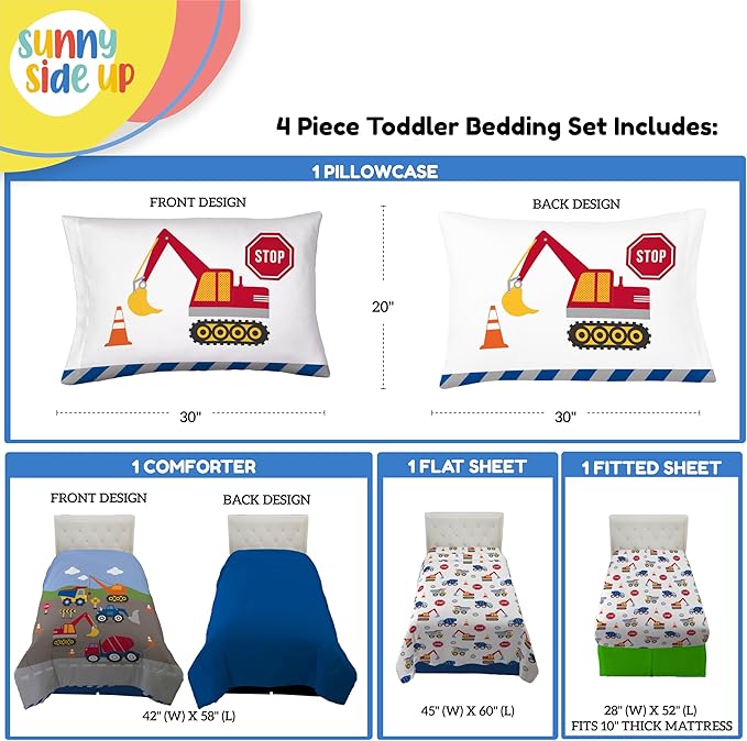 Sunny Side Up Construction Zone Toddler Comforter Set - 4 Piece Preschool Bedding Includes Comforter, Sheets & Pillow Cover - Super Soft Vehicles Microfiber Bed Set