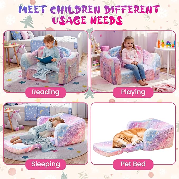 Lamerge 2-in-1 Toddler Couch,Glow in The Dark Baby Floor Bed,Foldable Toddler Chair Kids Sofa for playroom,Convertible Sofa to Lounger for Girls and Boys (Pink and Clouds)