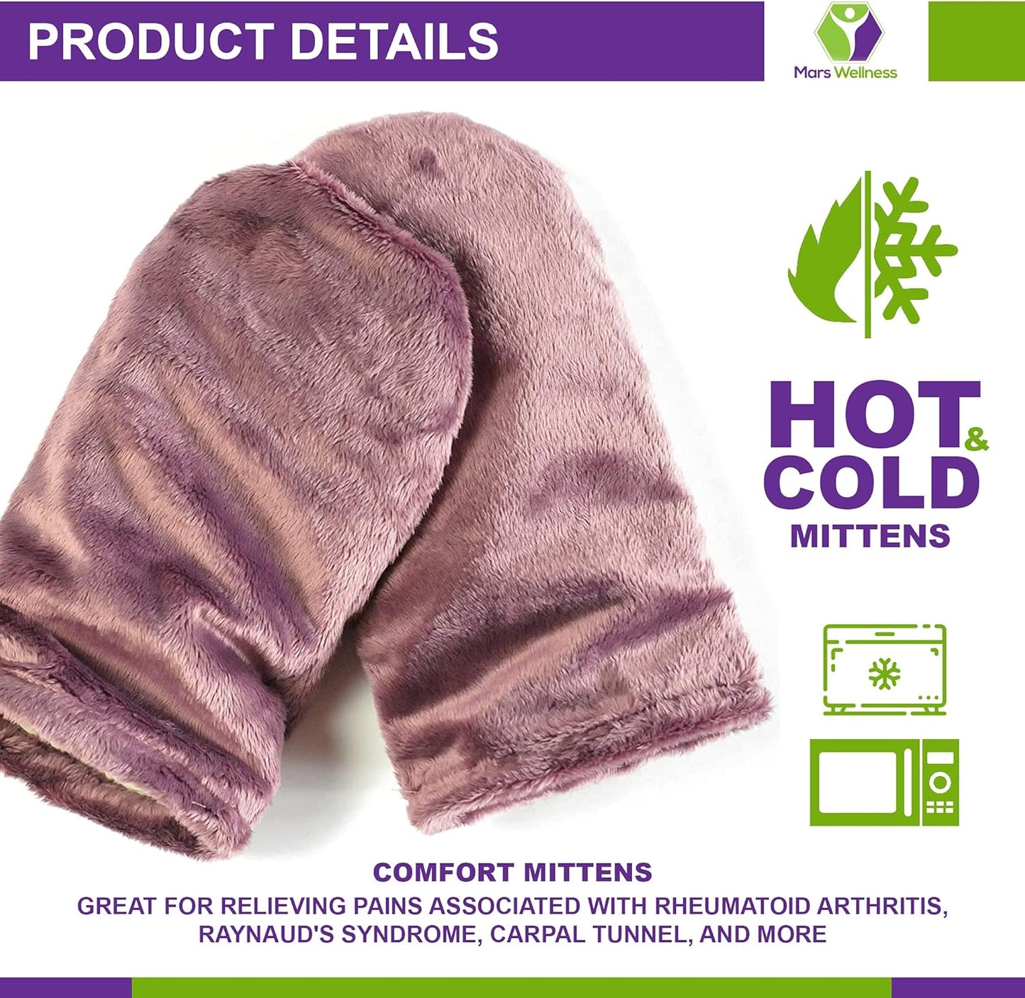 Mars Wellness Heated Microwavable Mitts - Herbal Hot/Cold Deep Penetrating Herbal Aromatherapy Therapy Mittens with Flaxseed and Herbs - Trigger Finger, Inflammation, Carpal Tunnel - Mauve