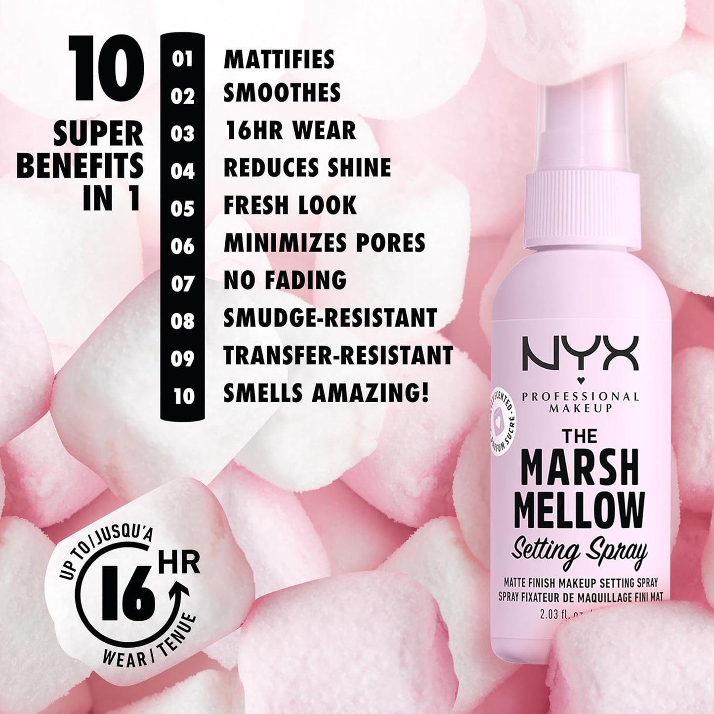 NYX PROFESSIONAL MAKEUP Marshmellow Makeup Setting Spray, Matte Setting Spray Mist for 16HR Make Up Wear - Long-Lasting, Vegan Formula