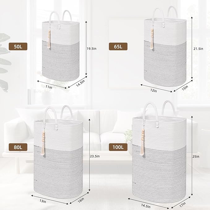 Woven Laundry Basket for Clothes, 50 L Large Rectangle Laundry Hampers with Beads Tassel, Nursery Storage Basket for Toys, Tall Dirty Clothes Hamper for Bedroom Aesthetic, Laundry Room Organization