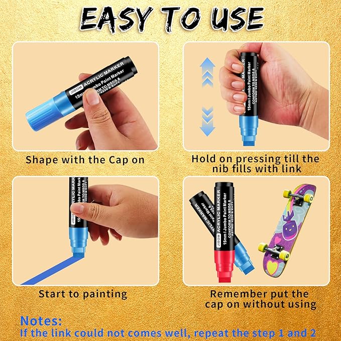 10 Colors Jumbo Acrylic Paint Markers (2 Metallic), 15mm Extra Large Felt Tip Thick Paint Pens for Rock, Wood, Ceramic, Glass, Canvas, Eggs,Pumpkins, Poster Painting Vibrant, Long Lasting Art Supplies