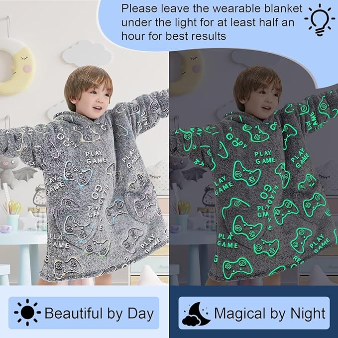 Fiosnow Glow in the Dark Game Controller Blanket Hoodies for Kids Toddler 2-6YR Oversize Wearable Blanket Hoodies for Boys Girls