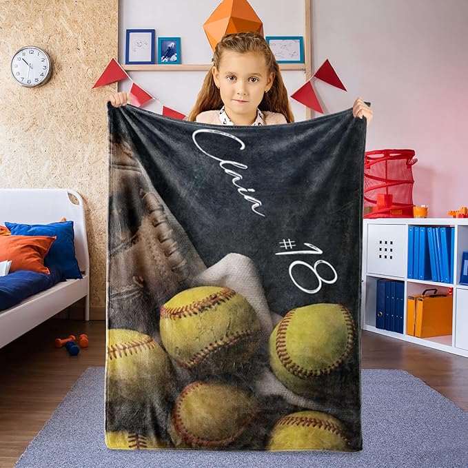 Personalized Baby Softball Bed Blanket: Custom Name and Number Sport Blankets for Toddler Boys Girls Adults Birthday Mothers Fathers Easter (60x80inch)