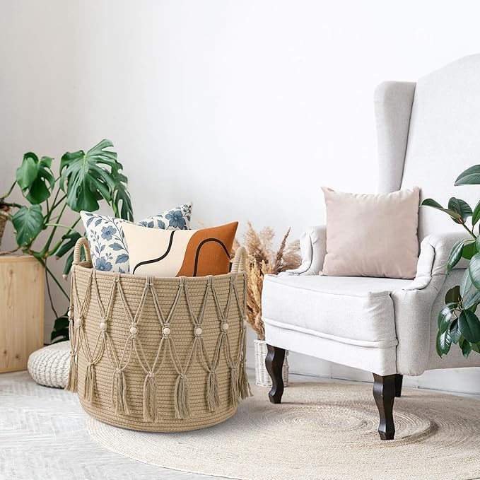 Blanket Basket for Living Room Decor Storage Basket for Toy Organizer Boho Decor Baskets for Modern Farmhouse Decor Small Laundry Basket for Bedroom and Laundry Room Organization,Beige