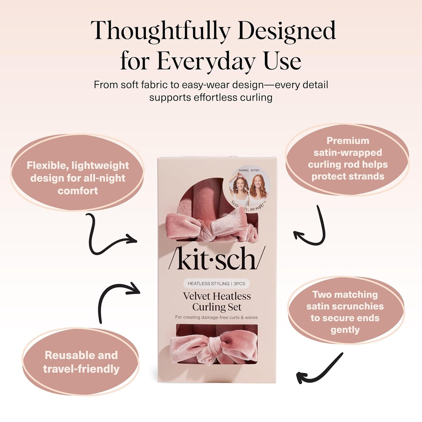 Kitsch Velvet Heatless Curling Set – Hair Curler to Sleep In for Heatless Curls Overnight - Heatless Hair Curler for Women – No Heat Damage Hair Styling Tool with 2 Velvet Scrunchies – Terracotta