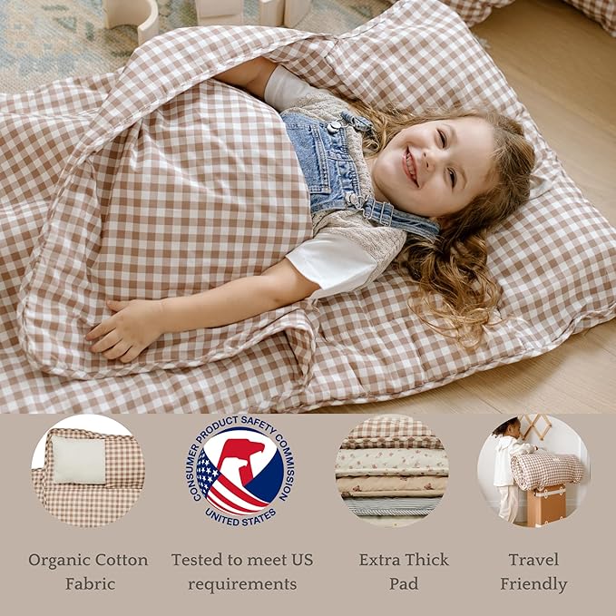 Organic Toddler Nap Mat – 100% Cotton Kids Washable Sleeping Mat & Detachable Pillow – Sleeping Bag with Soft 1.5” Pad – Ideal Nap Mat for Daycare, Preschool, & Sleepovers