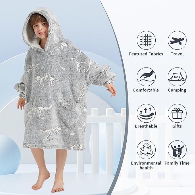 Fiosnow Glow in the Dark Dinosaur Fossil Blanket Hoodies for Kids 6-13YR Oversize Wearable Blanket Hoodies for Boys Girls Teens