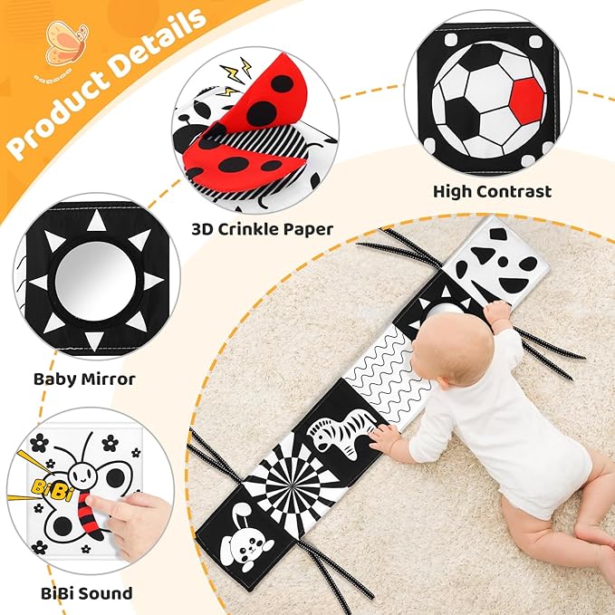 Newborn Black and White High Contrast Baby Book for 0-3 Months Brain Development, Tummy Time Sensory Infant Toys, Montessori Essentials for 0-6-12 Months Gifts