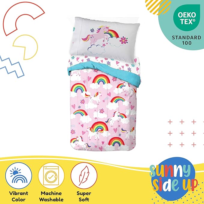 Sunny Side Up Rainbow Unicorns Toddler Comforter Set - 4 Piece Preschool Bedding Includes Comforter, Sheets & Pillow Cover - Super Soft Pink Floral Microfiber Bed Set