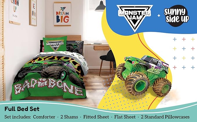 Sunny Side Up Monster Jam Full Comforter Set - 7 Piece Kids Bedding Includes Comforter, Sheets & Pillow Cover - Super Soft Trucks Microfiber Bed Set