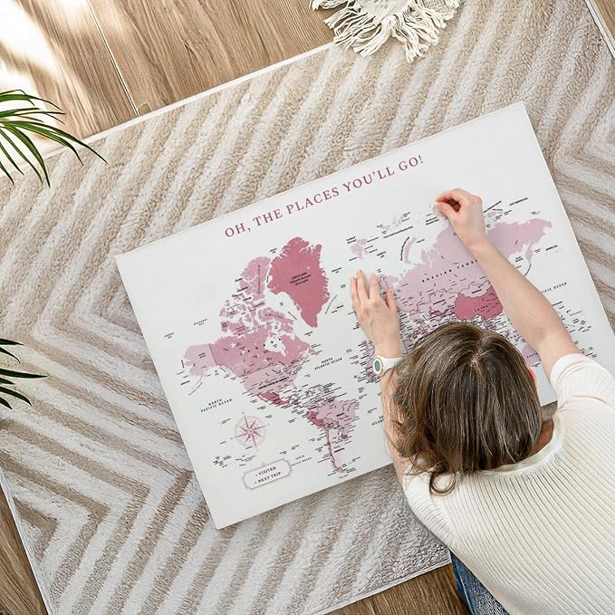 ElephantStock - Places You'll Go Push Pin World Map Wall Art - Horizontal Canvas Wall Art - Living Room Wall Decor - Digital Art Map Canvas Art - White And Pink Decor - 36" x 24"