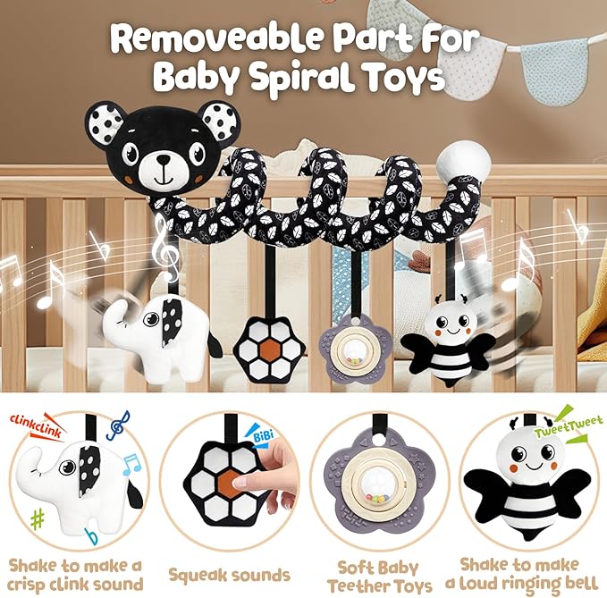 TSYAN Car Seat Toys for Babies 0-6 Months,Hanging Rattle Toys for Crib Mobile, Baby Spiral Hanging Stroller Black and White High Contrast Toys for Newborn 0 3 6 9 12 Months Baby Boys Girls (Bear)