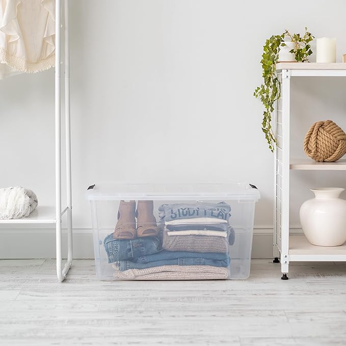 IRIS USA 68 L (72 QT) Plastic Storage Box with Lid and Latches - 4 Pack - BPA-Free, See-Through Organizing Solution, Durable Nestable Stackable Containers, Secure Pull Handle - Clear