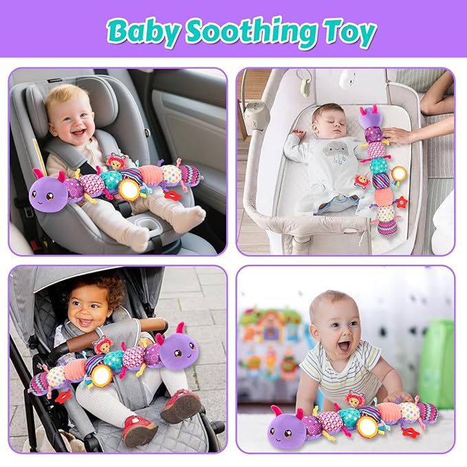Baby Sensory Toys for 0-6 6-12 Months, Musical Stuffed Caterpillar Toy with Crinkle Rattle Mirror, Baby Essentials Infant Tummy Time Toys for 3 6 9 12 18 Months, Newborn Boys Girls Shower Gifts