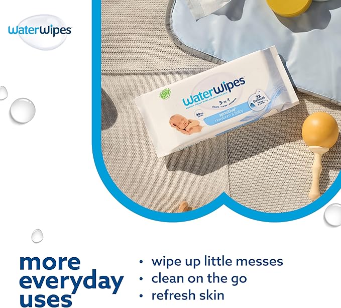 WaterWipes Sensitive+ Newborn & Baby Wipes, 3-In-1 Cleans, Cares, Protects, 99.9% Water, Unscented & Hypoallergenic, 1440 Count (24 Packs)