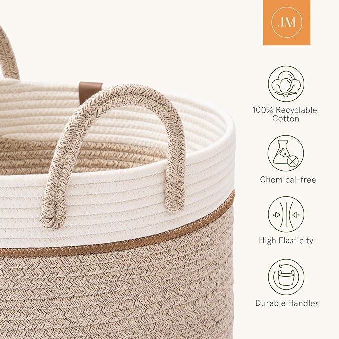 LA JOLIE MUSE Woven Basket Rope Storage Baskets - Tall Cotton Basket, Laundry Basket for Blanket, Kids Toy, Nursery Clothes Hamper Basket-S