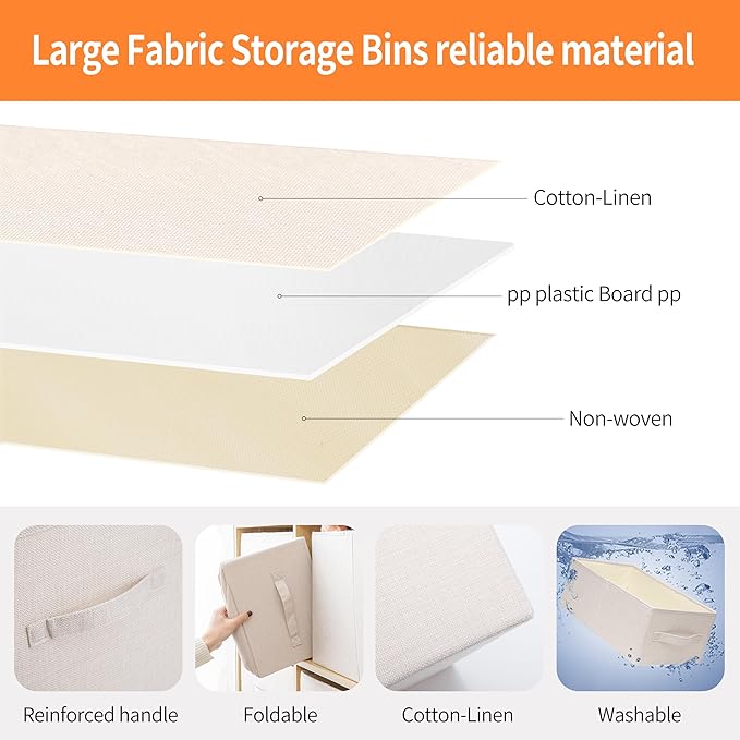 Linen Folding Storage Bins, 3 Pack Large Storage Baskets, Washable, Clothing Storage Bins with Handle, Closet Organizer for Storage Sweater,Sheets (Beige, 16"x9½"x6¾")
