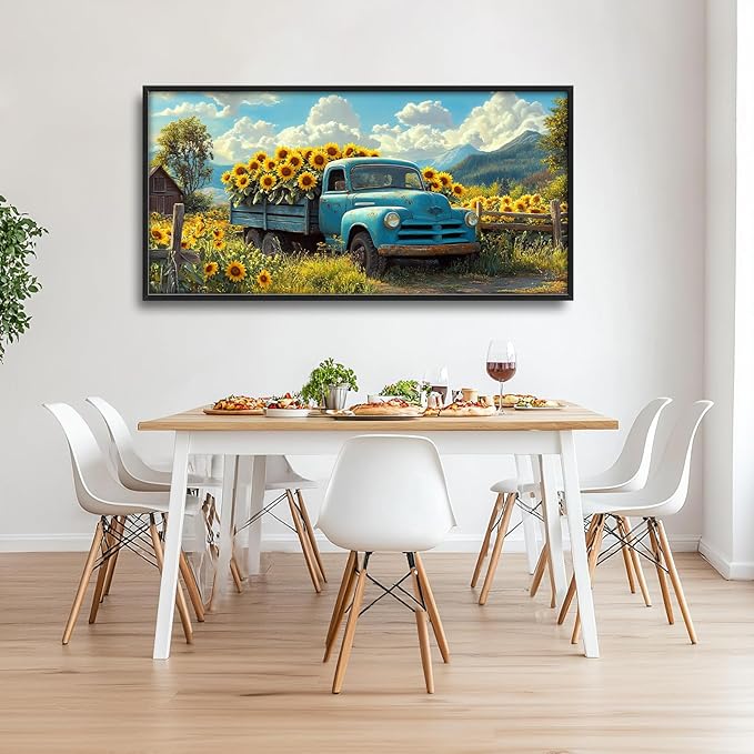 Olivine Large Wall Art, Sunflower Pictures Wall Decor, Farmhouse Sunflower Painting, Sunflowers Truck Canvas Prints, Framed Artwork for Living Room Bedroom Bathroom Office Home Decoration 60"x30"