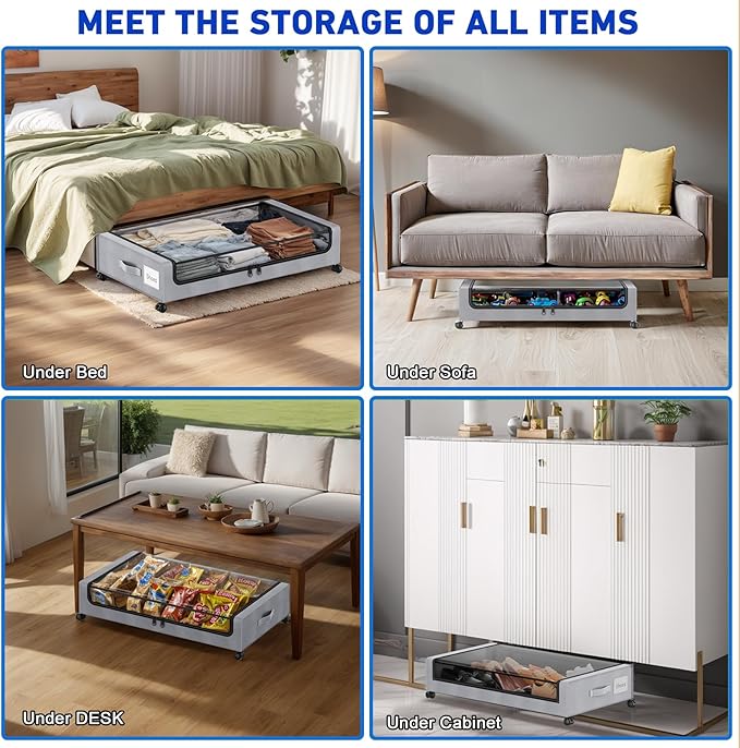 Beborxue Under Bed Storage with Wheels, 4-Pack Underbed Storage Containers with Clear Lids, XXL 60L Under the Bed Storage Organizer Bins, Rolling Under Bed Metal Drawer for Clothes,Shoes,Toys (Gray)