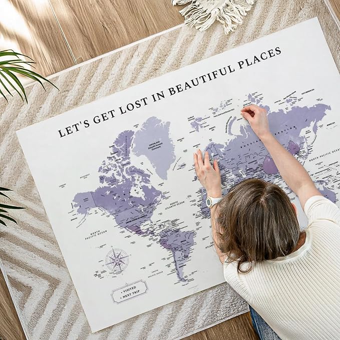 ElephantStock - Beautiful Places II Push Pin World Map Wall Art - Horizontal Canvas Wall Art - Living Room Wall Decor - Digital Art Map Canvas Art - White And Black Decor - 48" x 32"