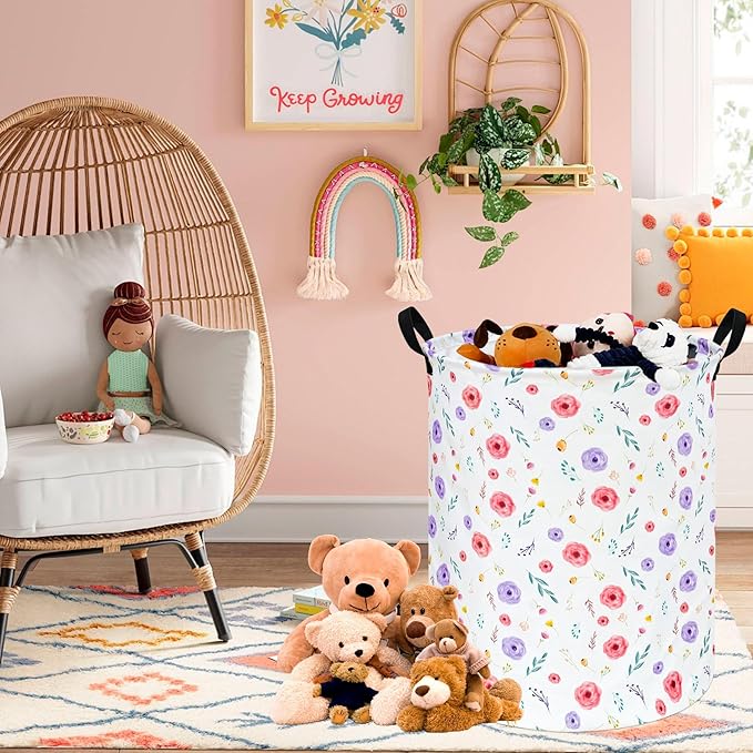 KUNRO Spring Flower Laundry Gift Basket Storage Hamper, Kids Toys and Clothes Storage Organizer Bins, Toy Shelf Basket with Handles for Room Decor