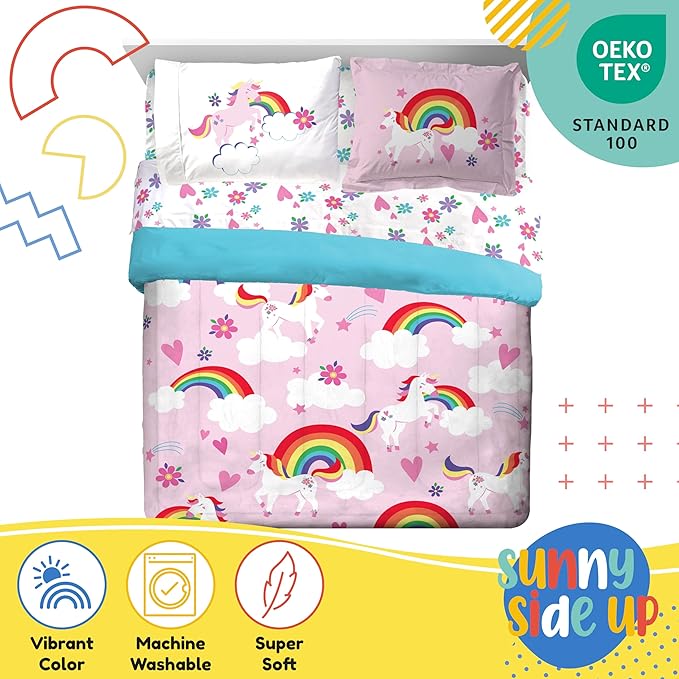 Sunny Side Up Rainbow Unicorns Full Comforter Set - 7 Piece Kids Bedding Includes Comforter, Sheets & Pillow Cover - Super Soft Pink Floral Microfiber Bed Set