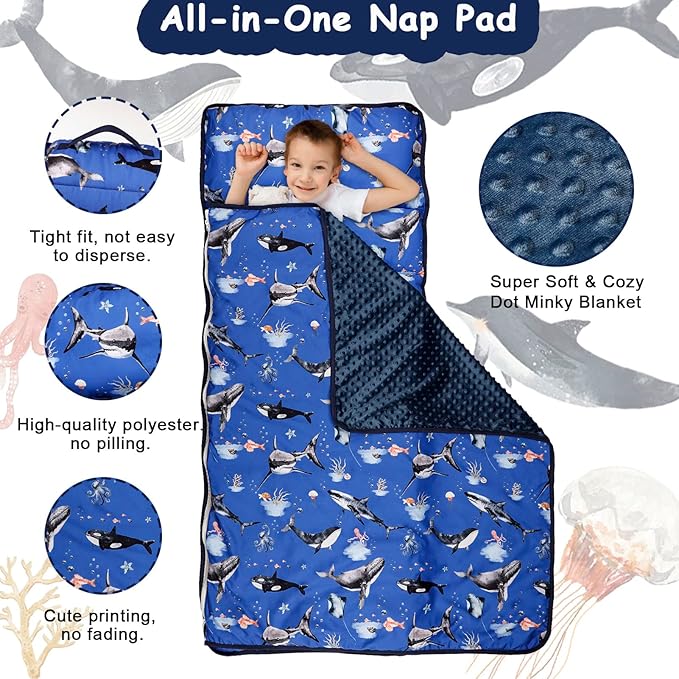Toddler Nap Mat with Removable Pillow and Soft Dot Minky Blanket, Pea Pod Kids Shark Napping Mats Extra Large Rolled Slumber Bags for Boys Preschool, Daycare, Camping, 22.9 x 51.2inches Ages 3-7 Years