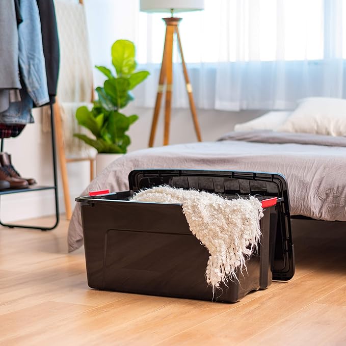 IRIS USA 72 QT Plastic Storage Box with Lid and Latches - 4 Pack - BPA-Free, Garage Organizing Solution, Durable Nestable Stackable Containers, Secure Pull Handle - Black