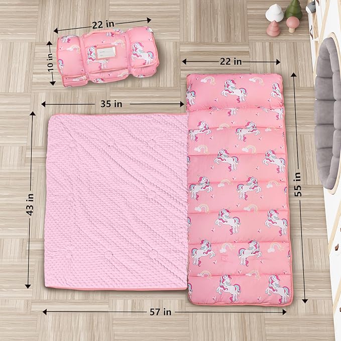 Primlect Thickened Toddler Nap Mat with Removable Pillow and Minky Blanket, Extra Large 55''x35'' Sleeping Bag, Washable, Roll up, Perfect for Daycare, Preschool, Kindergarten, Boys and Girls Pink