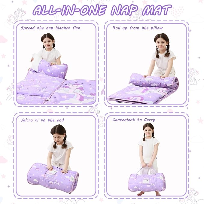 Toddler Nap Mat with Pillow and Blanket, Extra Large Rolled Napping Mats,Slumber Bags for Boys Girls,Kids Sleeping Bag for Daycare, Preschool Travel Camping