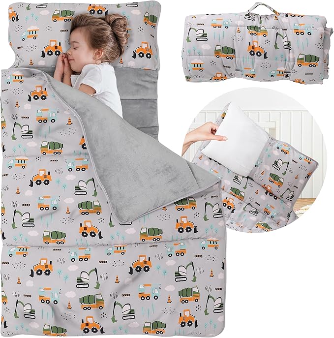 Toddler Nap Mat with Detachable Pillow & Blanket - Soft Plush Minky Fleece Kids Sleeping Bag for Daycare, Preschool & Travel - Portable Roll-Up Design with Carry Handle - Boys Girls Ages 3+