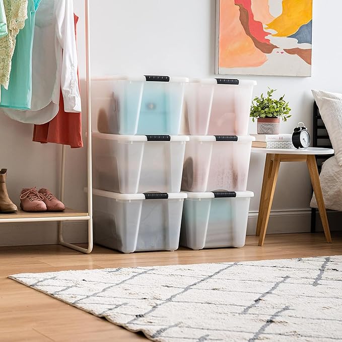 IRIS USA 40 Qt Stackable Plastic Storage Bins with Lids, 6 Pack - BPA-Free, Made in USA - Discreet Organizing Solution, Latches, Durable Nestable Containers, Secure Pull Handle - Pearl