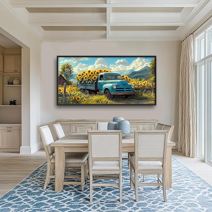 Olivine Large Wall Art, Sunflower Pictures Wall Decor, Farmhouse Sunflower Painting, Sunflowers Truck Canvas Prints, Framed Artwork for Living Room Bedroom Bathroom Office Home Decoration 60"x30"