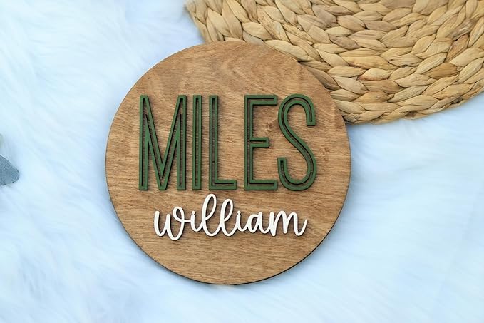 Custom Round Nusery Name Sign, Personalized 3D Baby Name Announcement Sign, Personalized Wooden Wall Plaque, 3D Wall Art for Children & Kids Rooms, Family Name Signs, 30 Colors (Design 11)