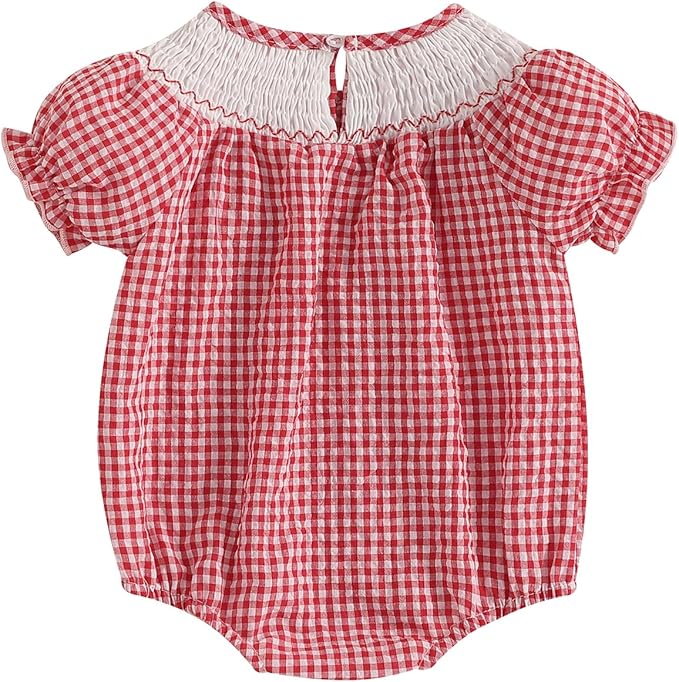 Baby Girl Smocked Western Romper Short Sleeve Bubble Rompers Summer Clothes Plaid Print Embroidery Bow Bodysuit Tops