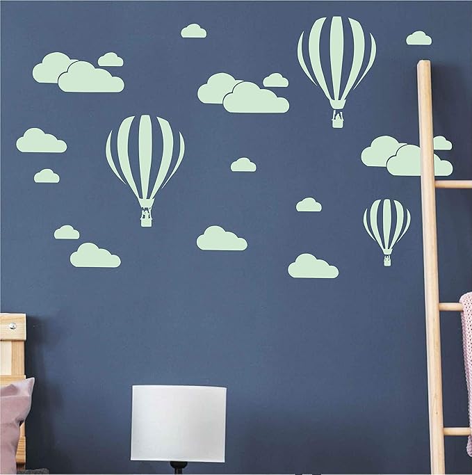Giant Removable Vinyl 3D Hot air Balloons with Clouds Wall Decals DIY Wall Stickers Nursery Decor Kids Bedroom Art Decoration Girls Rooms Decal Child Sticker Home Walls Decal (White) D952 (Pea Green)