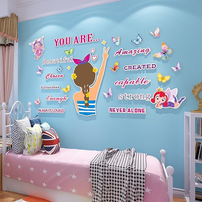3D Inspirational Wall Stickers for Girls Room Decor Wall Decals Peel and Stick for Girls Bedroom Large Pink Princess Pictures Kids Murals Wallpaper Art Motivational Decor for Nursery Toddler