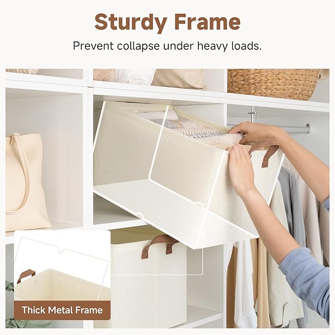 StorageWorks Storage Bins, Shelves Baskets for Organizing, 45L Extra Large Fabric Closet Organizers with Handles, Metal Frame, Beige（Texture）, 2-Pack