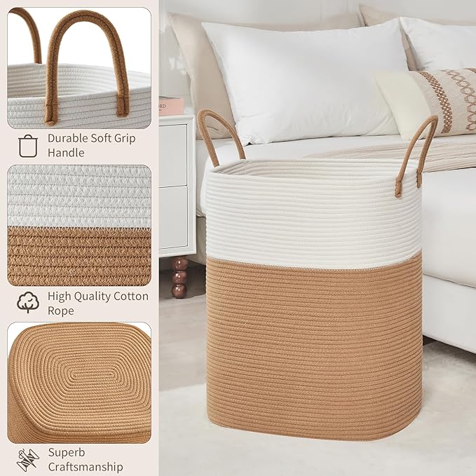 Laundry Basket with Handles - Blanket Basket & Hampers for Bedroom Aesthetic, Laundry Hamper & Blanket Storage for Living Room, Clothes Hamper, Tall, Large 17" x 14" x 22”, White & Jute