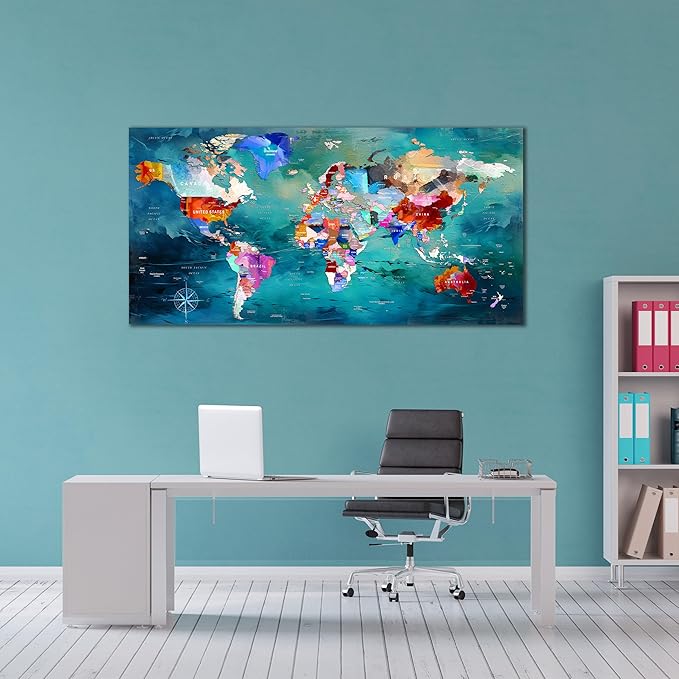 ZHAOSHOP World Map Canvas Wall Art for Living Room - Teal Wall Decor - Office Artwork Wall Decor Ready to Hang Size 29" x 59"