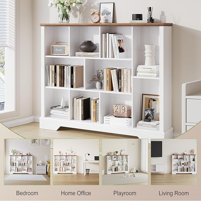 10 Cube Storage Bookcase, Modern 3-Tier Wooden Storage Organizer Open Bookshelf with Base for Living Room, Bedroom, Home Office