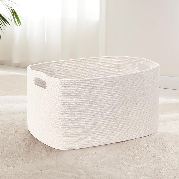 60L Small Baby Girls Laundry Basket for Nursery Storage,Cute Woven cotton Rope Baskets for Kids Toy，Gifts,Boho Square Wicker Blanket hamper for Living Room,Bedroom Dirty Clothes, White