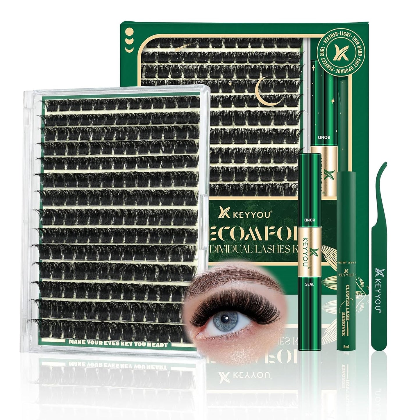 KEYYOU Lash Clusters Kit 182pcs Thick Volume Lash clusters 200D D Curl Wispy Easy to Apply with Lash Bond and Seal Lash Applicator Lash Remover Lash Extension Kit at Home(RMkit-200D-D-10-18mix)