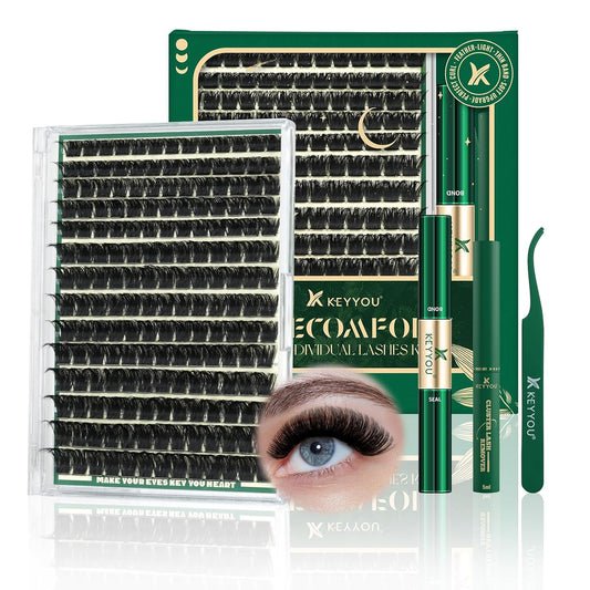 KEYYOU Lash Clusters Kit 182pcs Thick Volume Lash clusters 200D D Curl Wispy Easy to Apply with Lash Bond and Seal Lash Applicator Lash Remover Lash Extension Kit at Home(RMkit-200D-D-10-18mix)