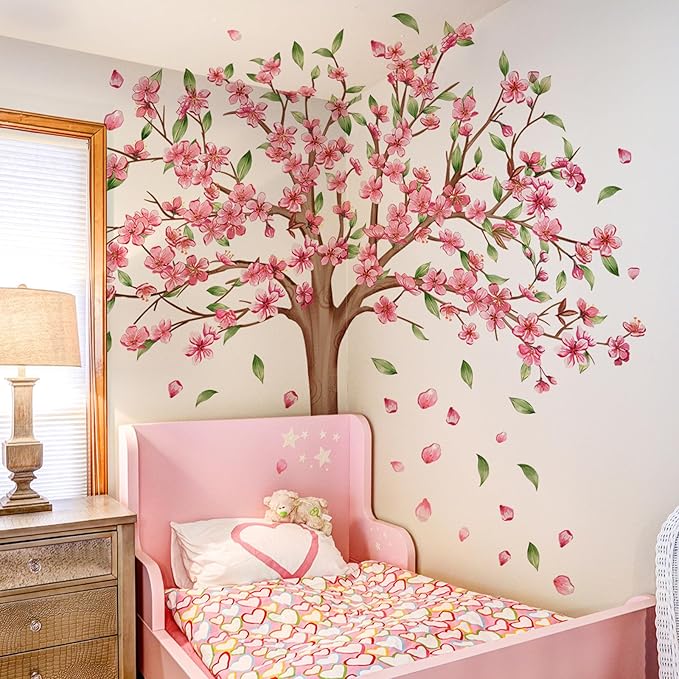 Large Cherry Blossom Wall Decals - Pink Flower Tree Wall Stickers for Girls Kids Bedroom Nursery Living Room TV Wall Decor (H: 45 Inch)