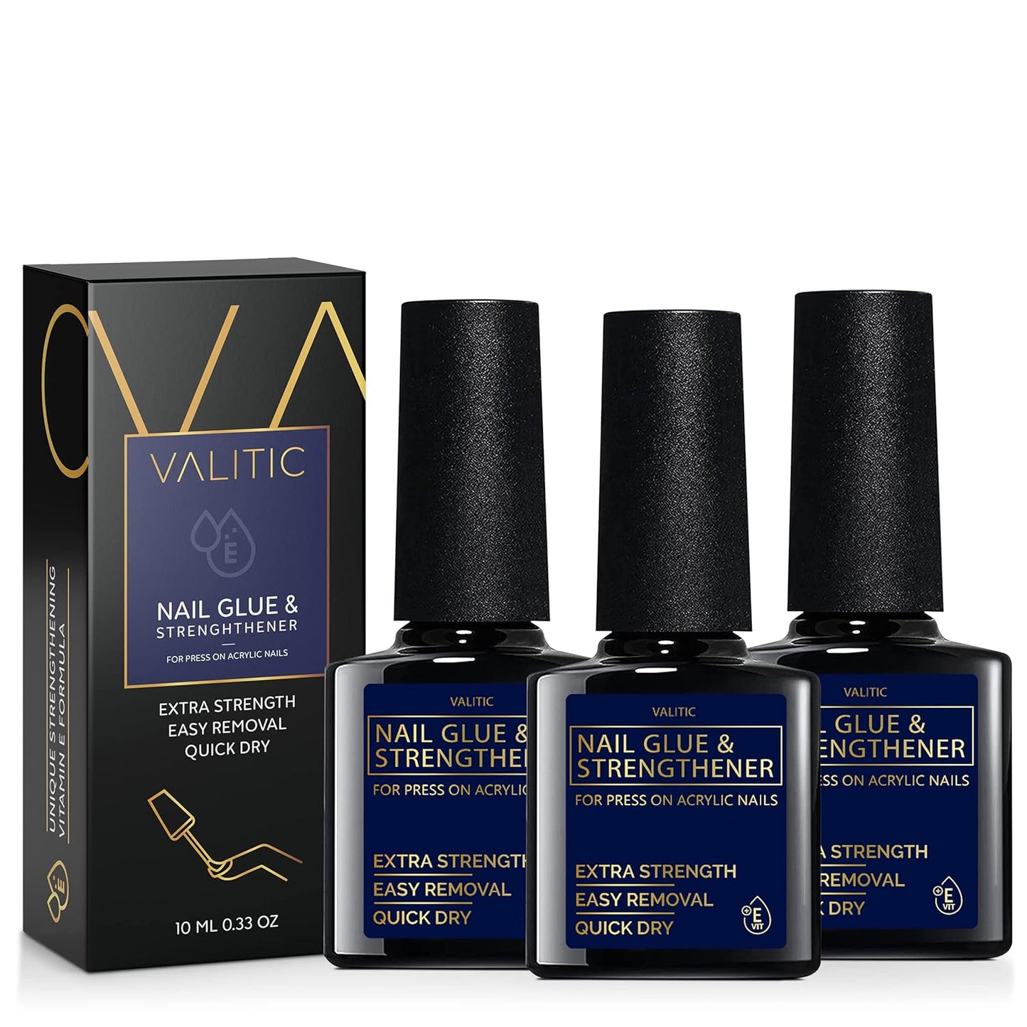 Valitic Strong Nail Glue and Strengthener for Acrylic and Press On Nails - Quick Dry Brush On Gel for Long Lasting Effect - Adhesive Nail Bond for False Nails with Tips Strengthener - 3 PACK